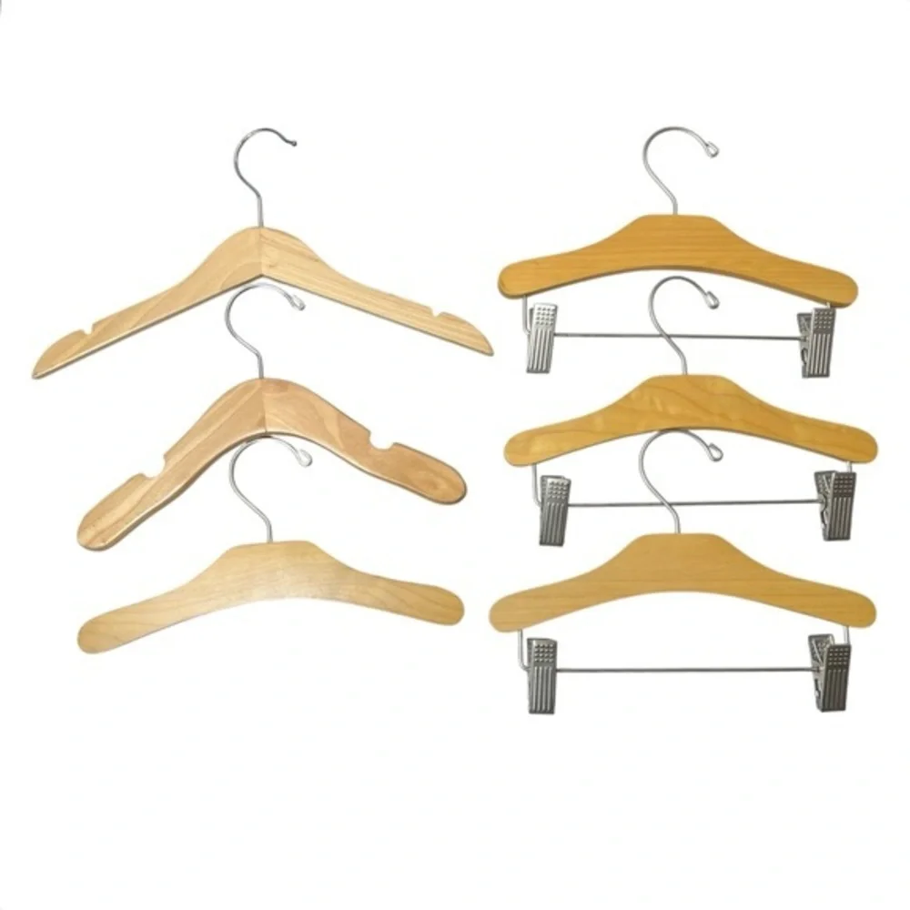 Set of 6 Wooden Infant Kids Hangers w/ Clips Baby Child Size Natural Wood